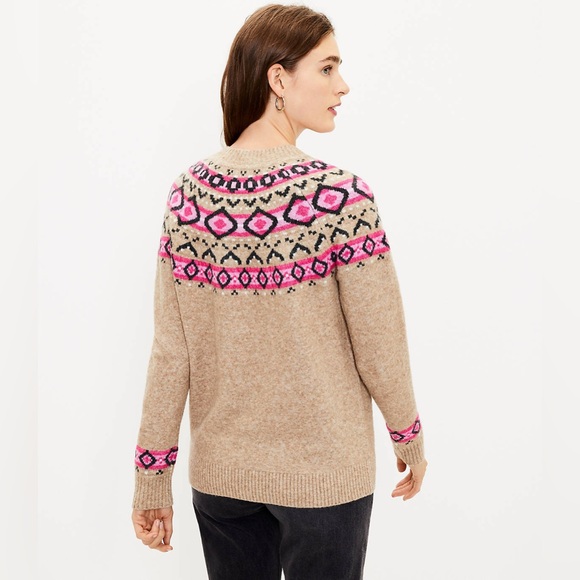 LOFT Wool Blend Fair Isle Crew Neck Sweater Size Small Beige Tan Pink - Picture 2 of 8